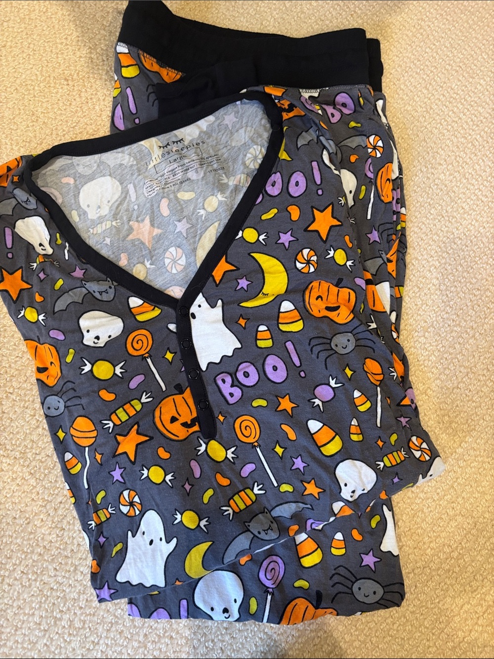 Halloween Candy & Ghosts Pajama Set - Gray, Orange, Purple